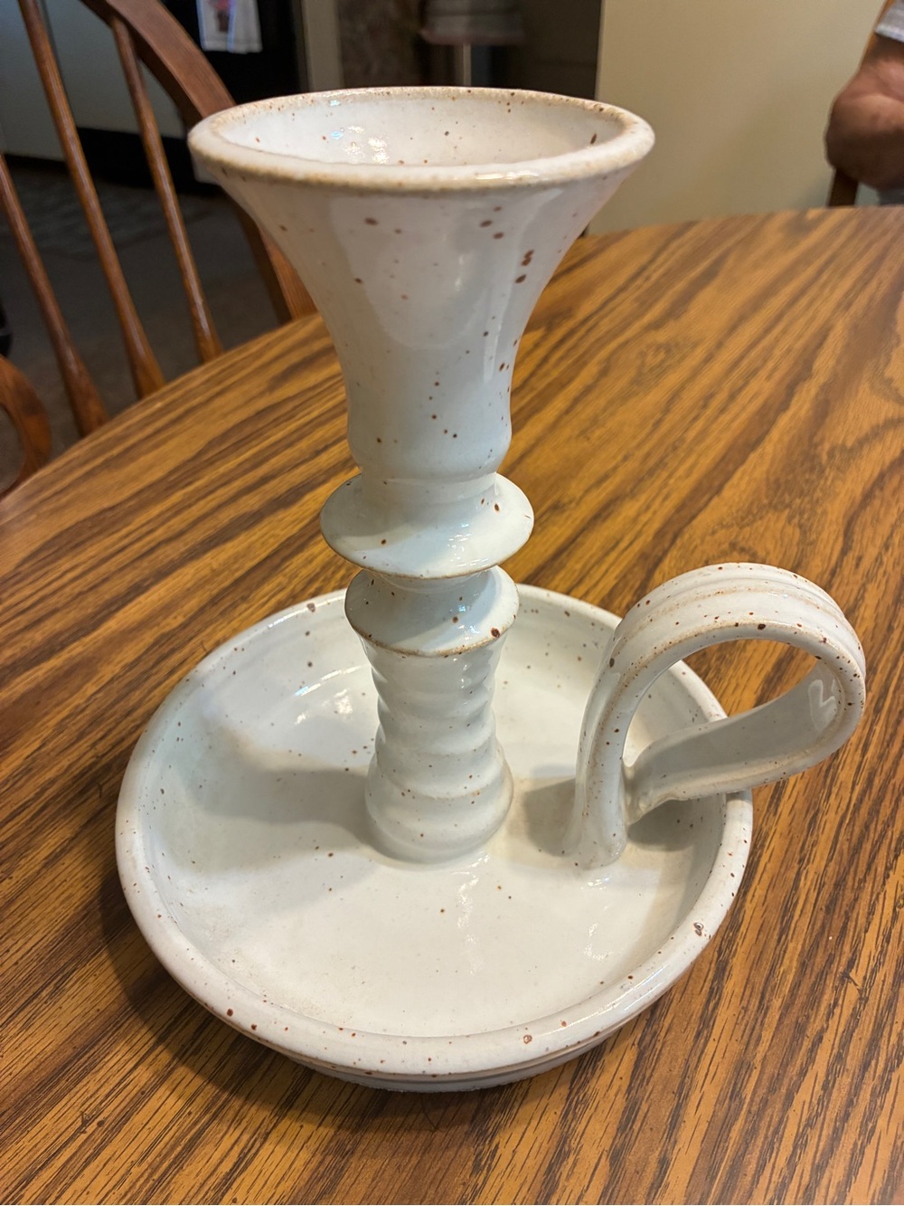 Bill Tyner Handcrafted White Speckled Ceramic Chamberstick Candle Holder